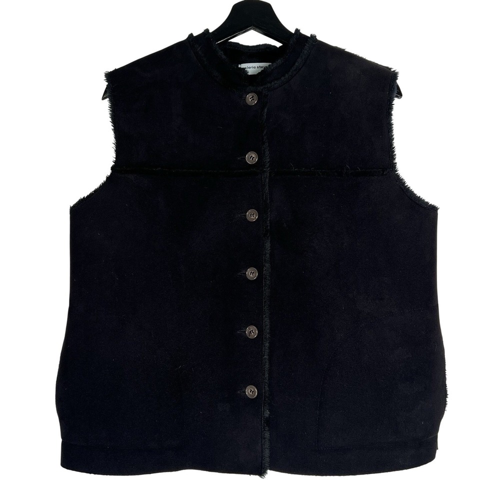 Valerie Stevens Women Black Faux Shearling Button Front Vest Medium Casual Gilet